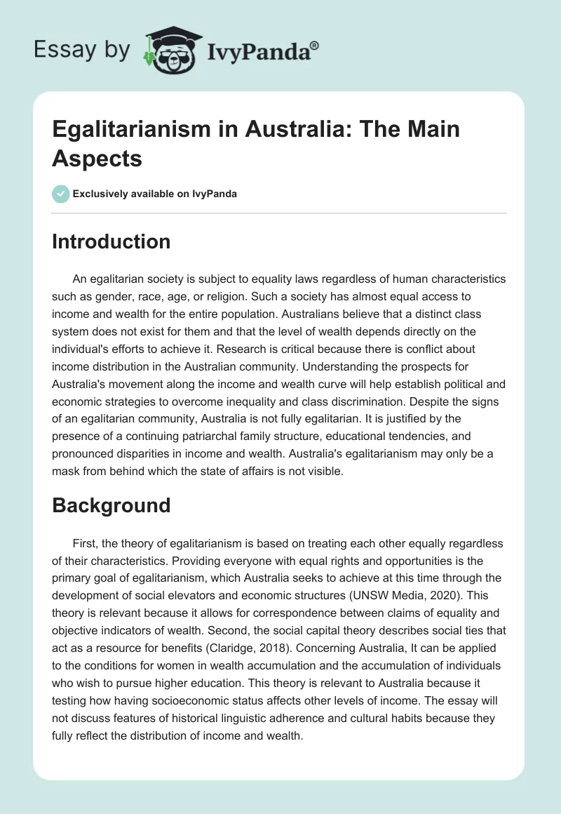 Egalitarianism in Australia: The Main Aspects. Page 1