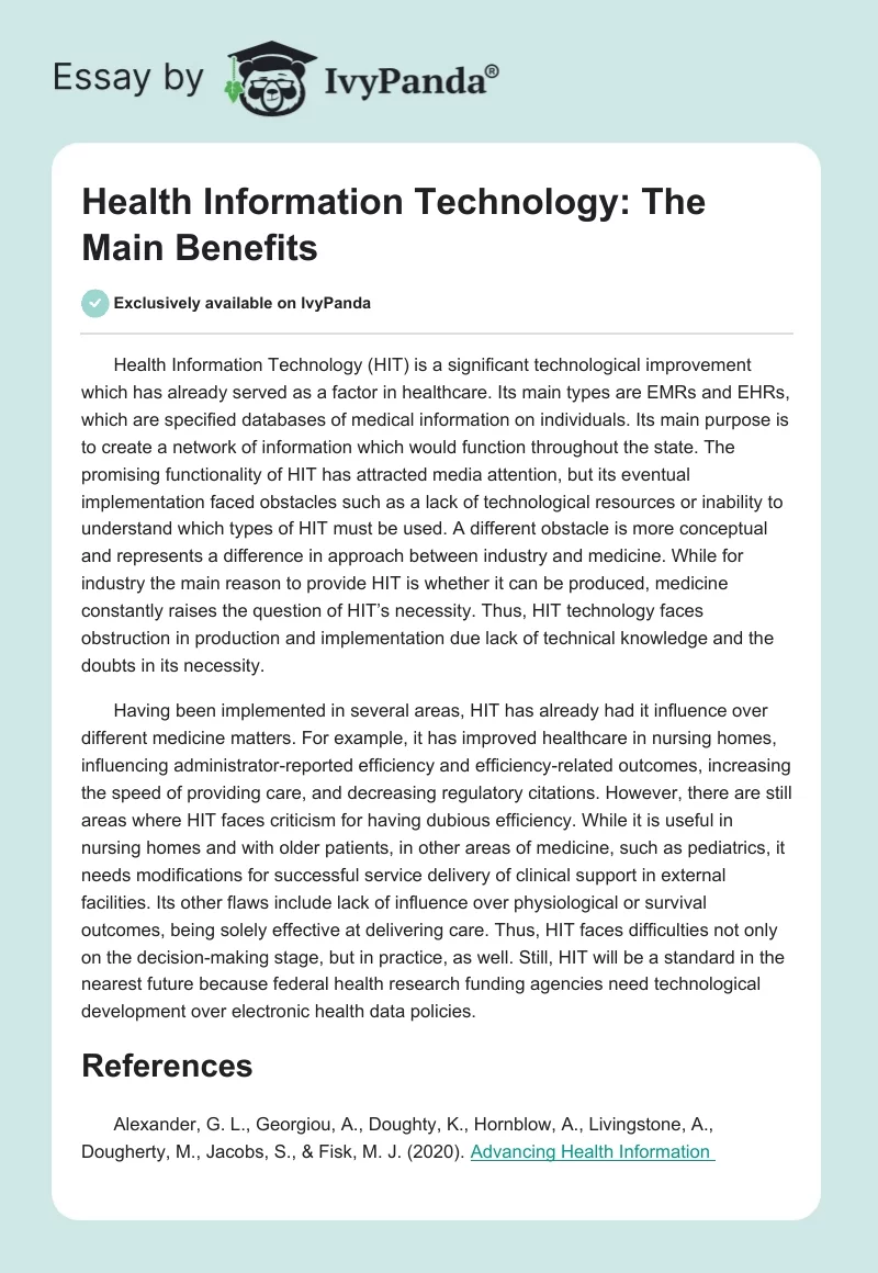 Health Information Technology: The Main Benefits. Page 1