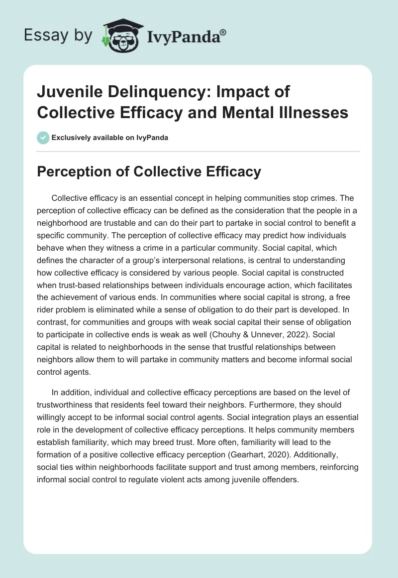 Juvenile Delinquency: Impact of Collective Efficacy and Mental Illnesses. Page 1
