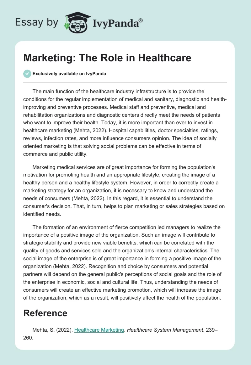Marketing: The Role in Healthcare. Page 1