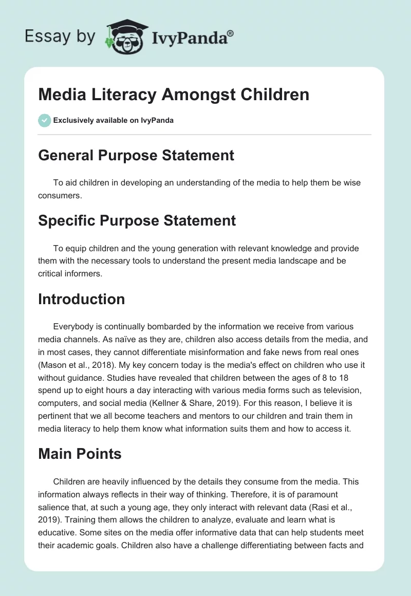 Media Literacy Amongst Children. Page 1