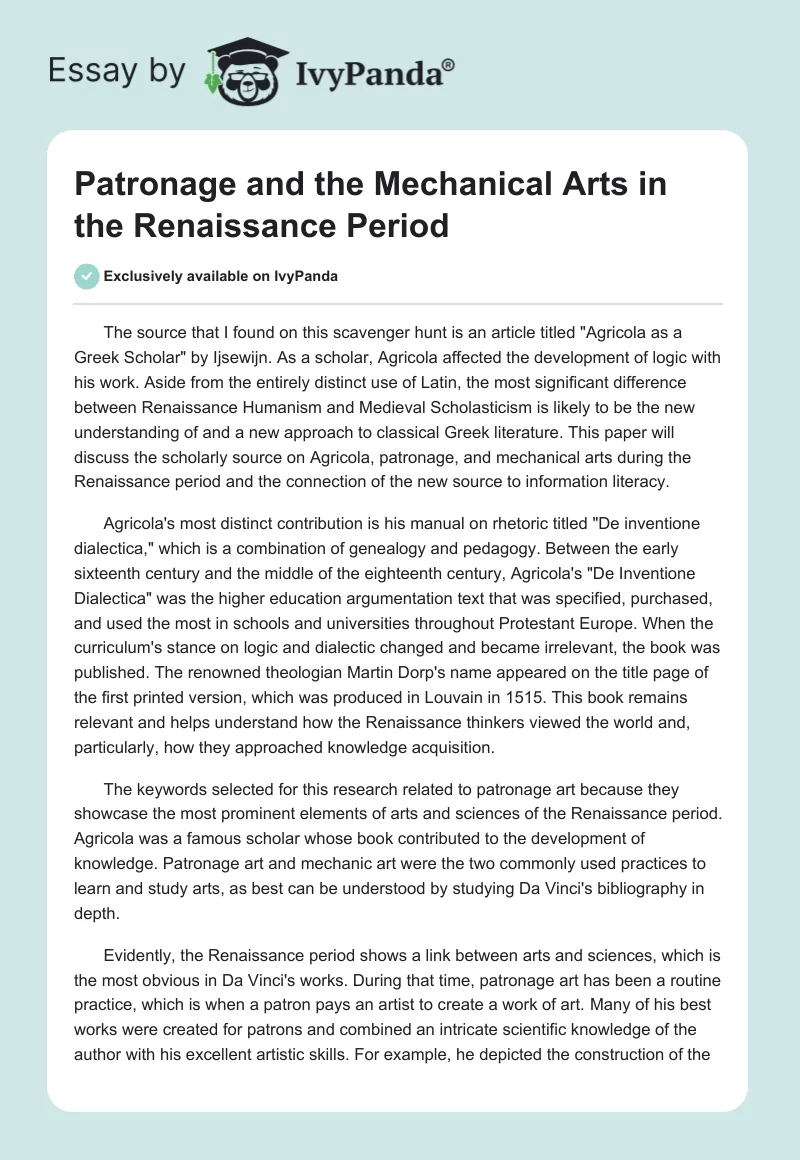 Patronage and the Mechanical Arts in the Renaissance Period. Page 1