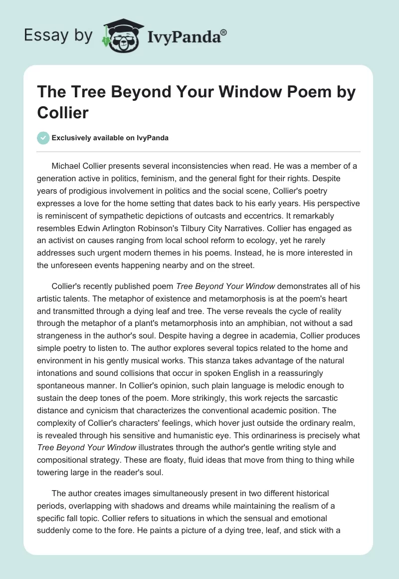 The "Tree Beyond Your Window" Poem by Collier. Page 1