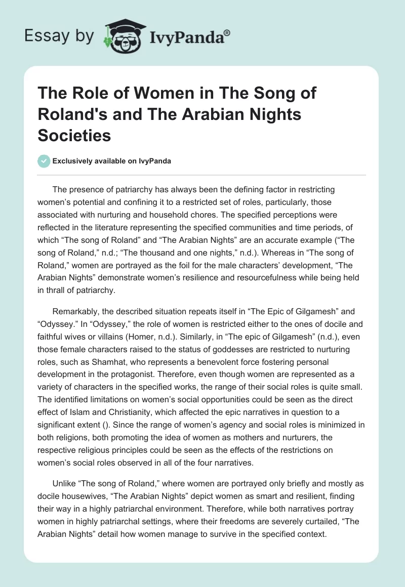The Role of Women in "The Song of Roland's" and "The Arabian Nights" Societies. Page 1