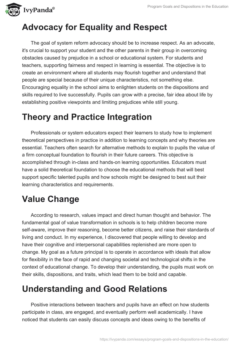Program Goals and Dispositions in the Education. Page 2