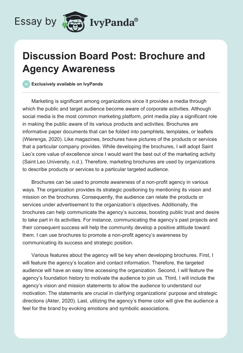 Discussion Board Post: Brochure and Agency Awareness. Page 1