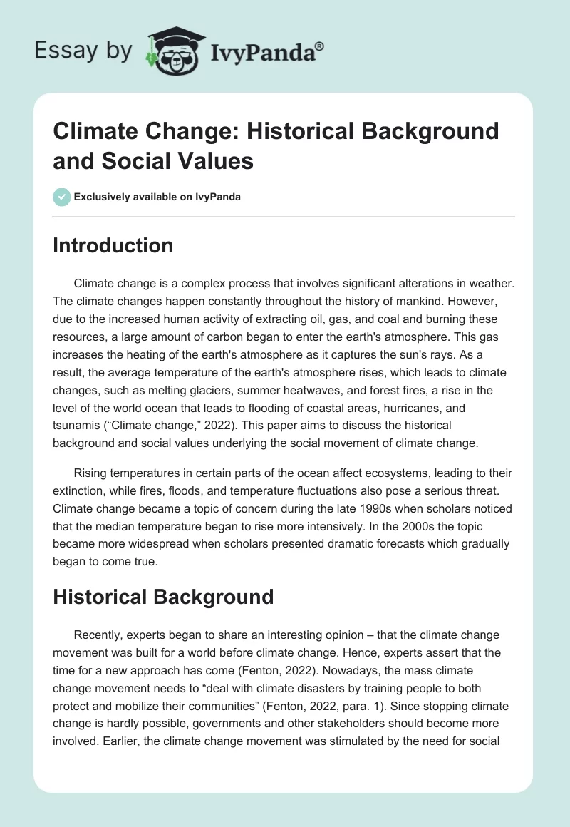 Climate Change: Historical Background and Social Values. Page 1