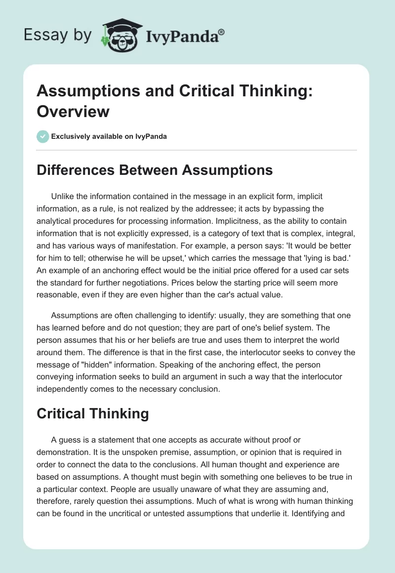 Assumptions and Critical Thinking: Overview. Page 1