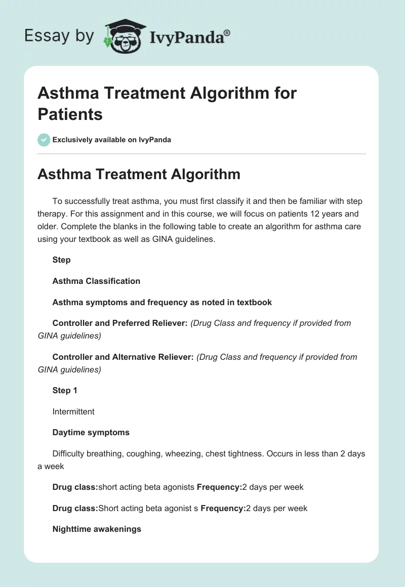 Asthma Treatment Algorithm for Patients. Page 1