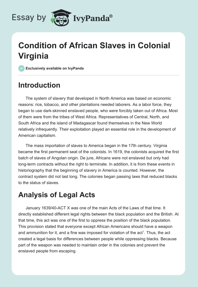 Condition of African Slaves in Colonial Virginia. Page 1