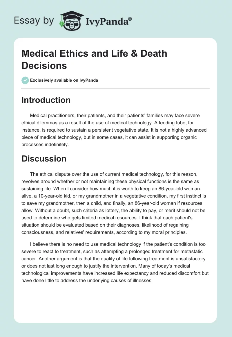 Medical Ethics and Life & Death Decisions. Page 1