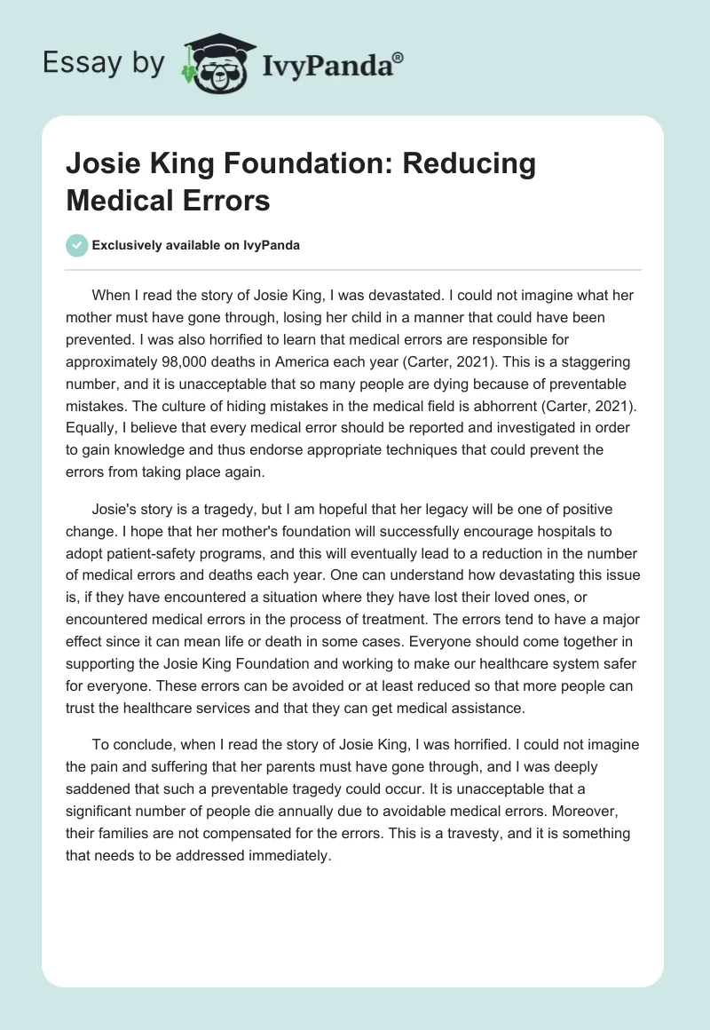 Josie King Foundation: Reducing Medical Errors. Page 1