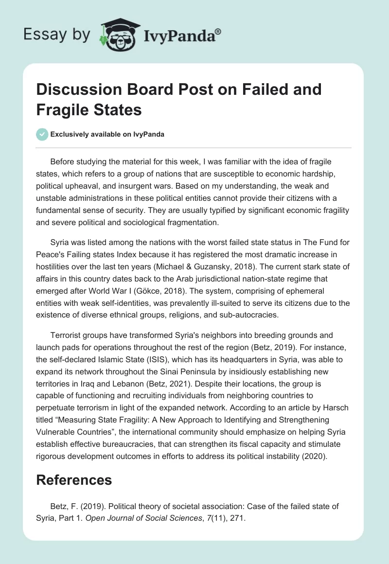 Discussion Board Post on Failed and Fragile States. Page 1
