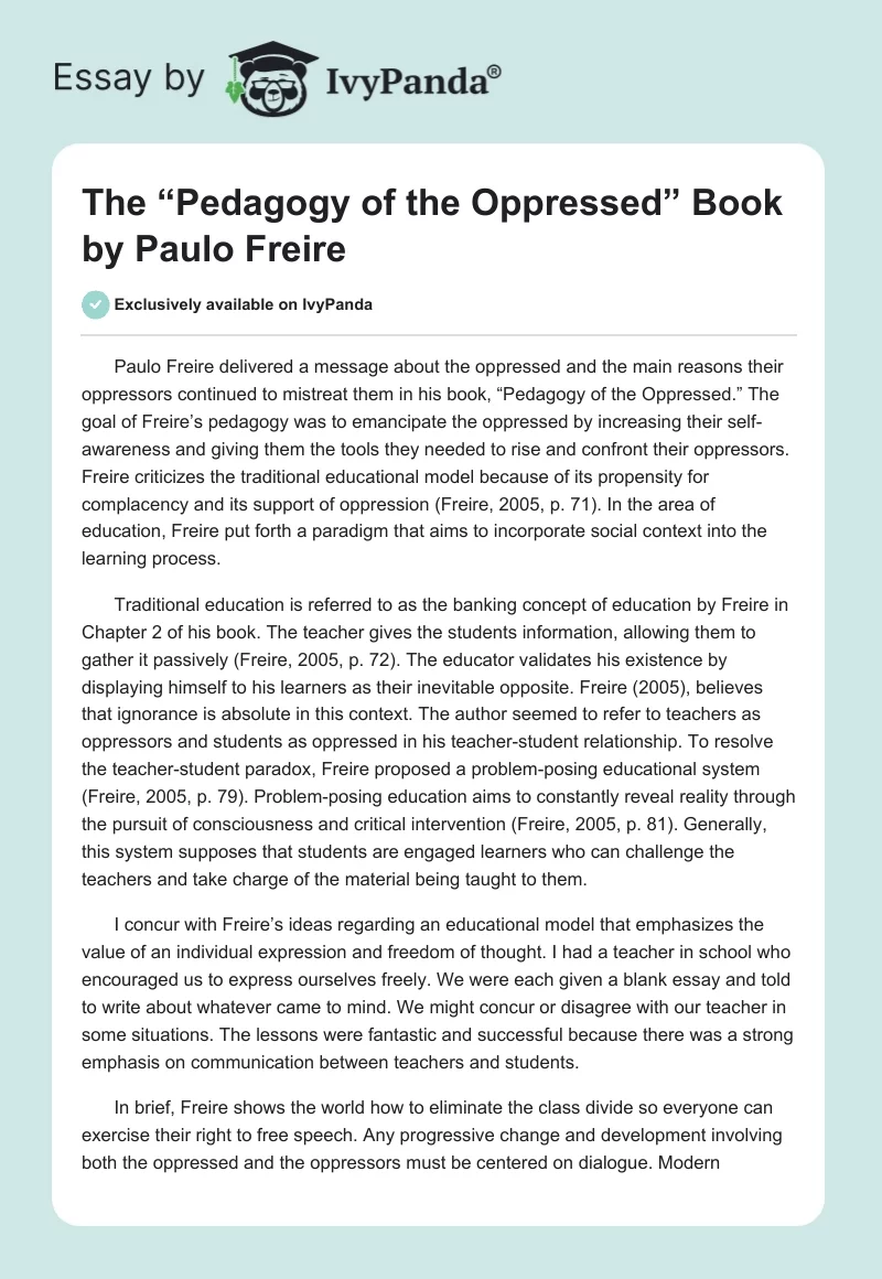 The “Pedagogy of the Oppressed” Book by Paulo Freire. Page 1