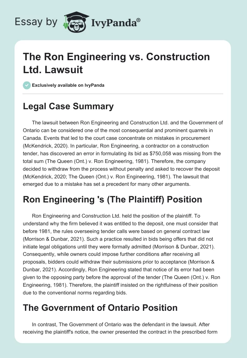The Ron Engineering vs. Construction Ltd. Lawsuit. Page 1