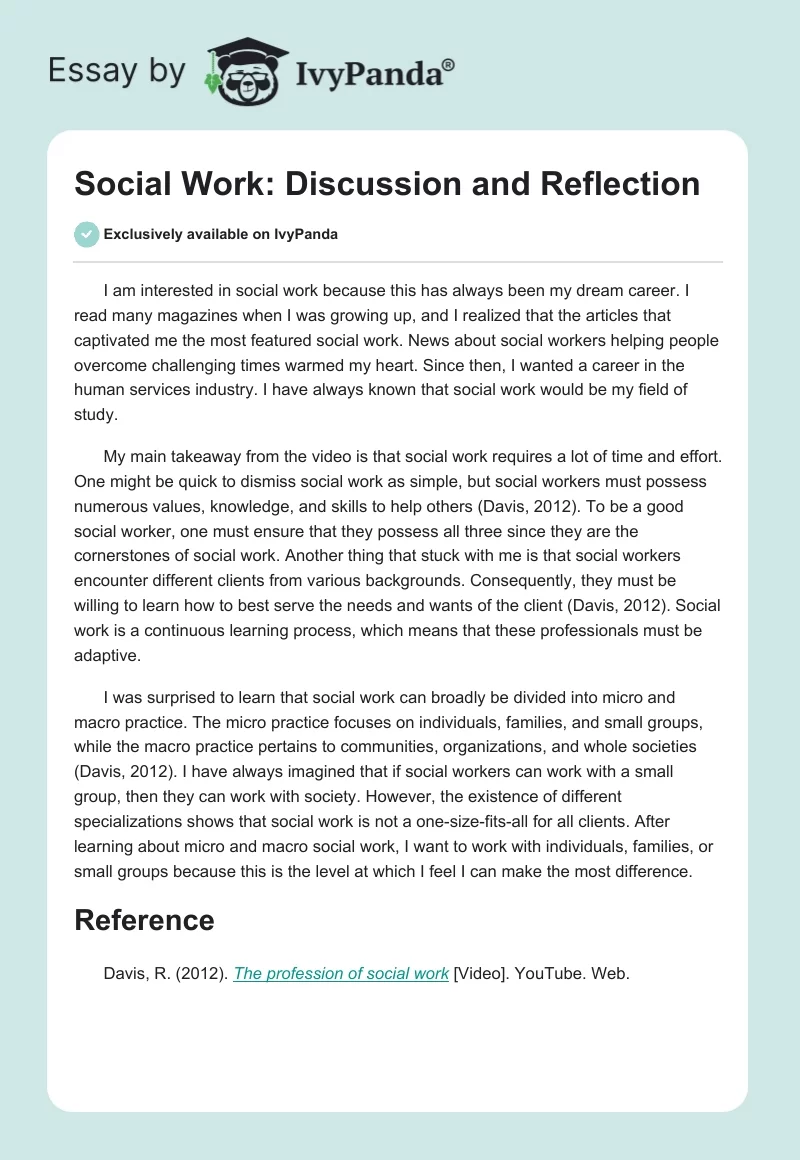 Social Work: Discussion and Reflection. Page 1
