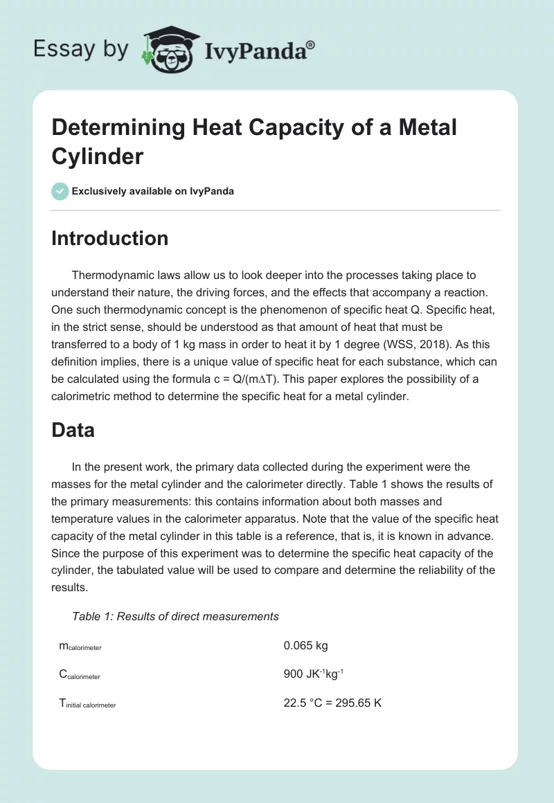 Determining Heat Capacity of a Metal Cylinder. Page 1