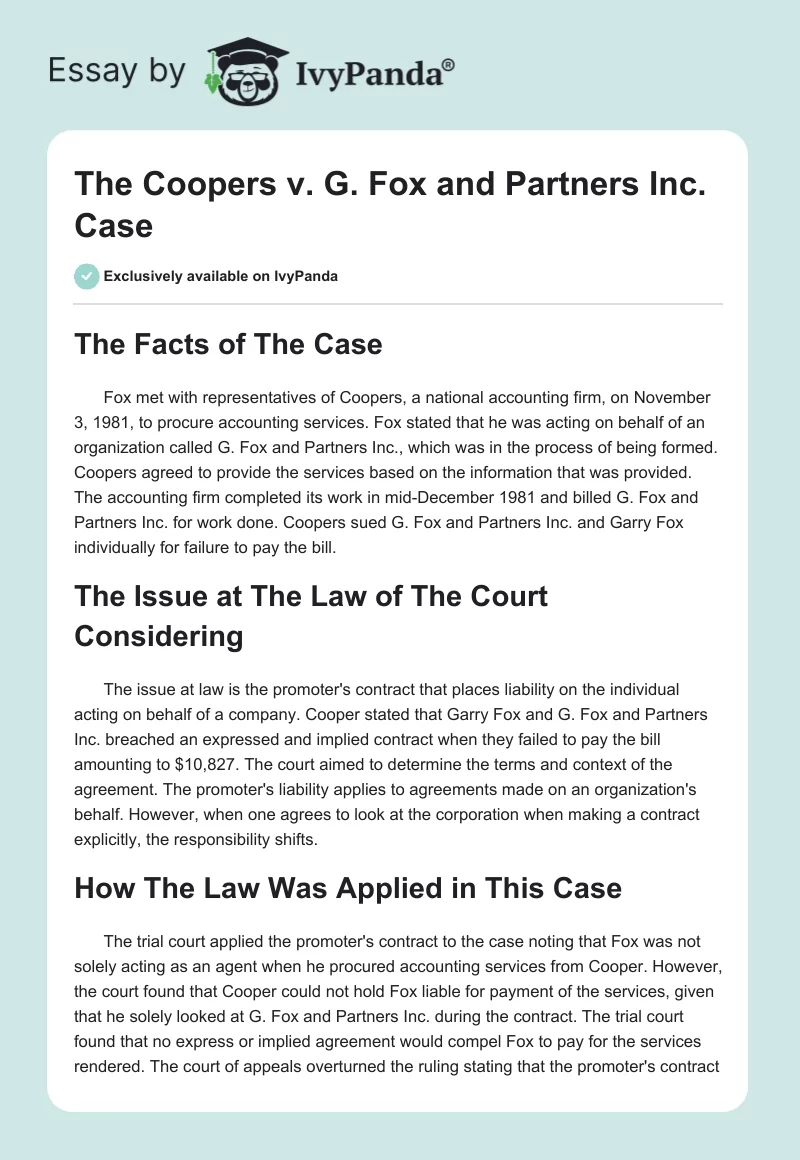 The Coopers v. G. Fox and Partners Inc. Case. Page 1