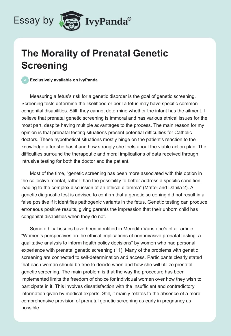 The Morality of Prenatal Genetic Screening. Page 1