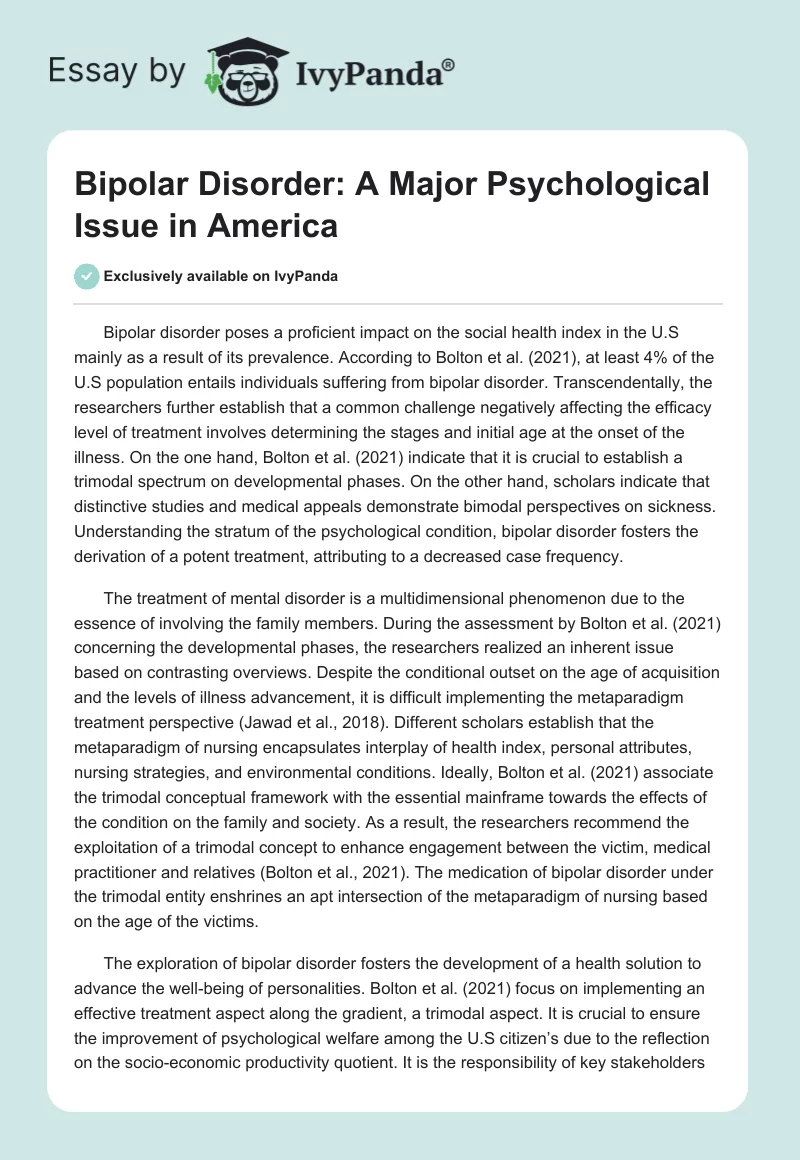 Bipolar Disorder: A Major Psychological Issue in America. Page 1