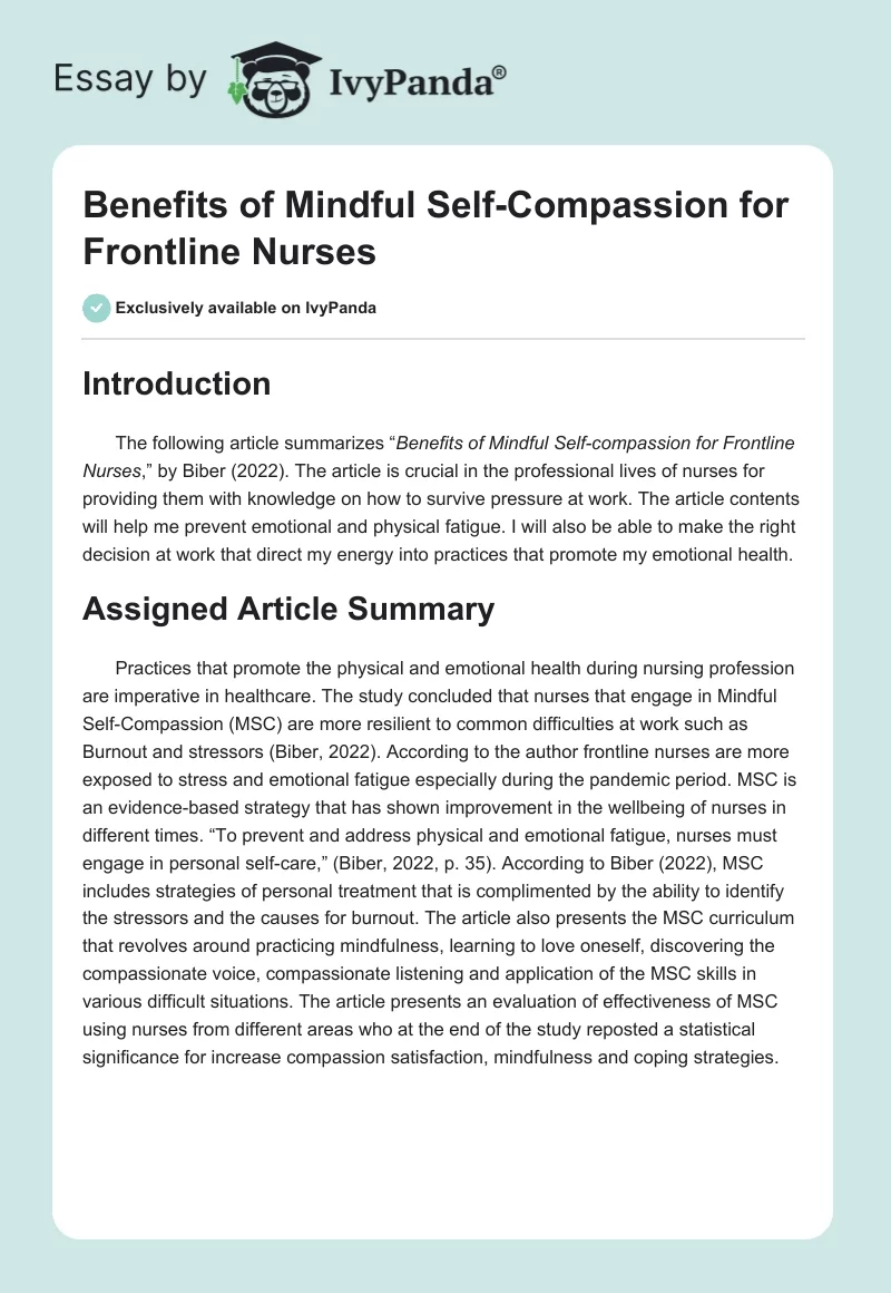 Benefits of Mindful Self-Compassion for Frontline Nurses. Page 1