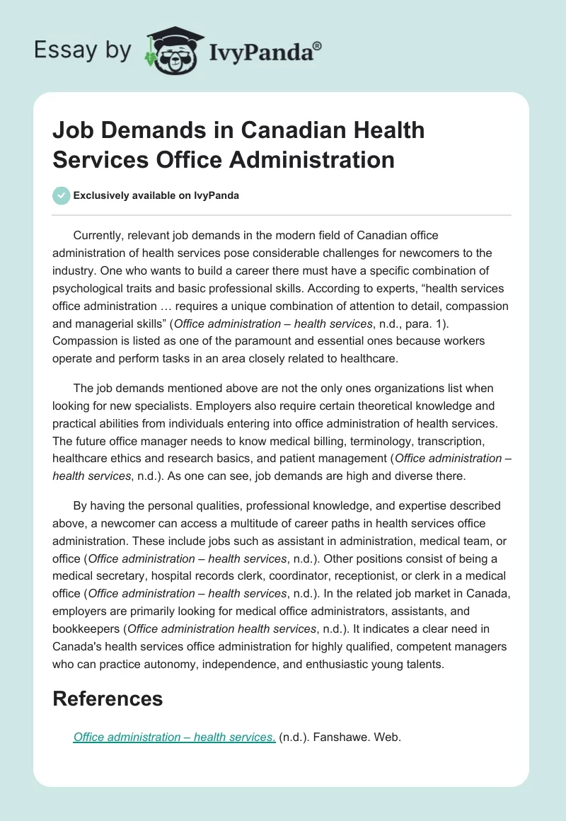 Job Demands in Canadian Health Services Office Administration. Page 1