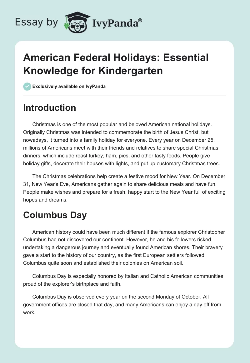 American Federal Holidays: Essential Knowledge for Kindergarten. Page 1