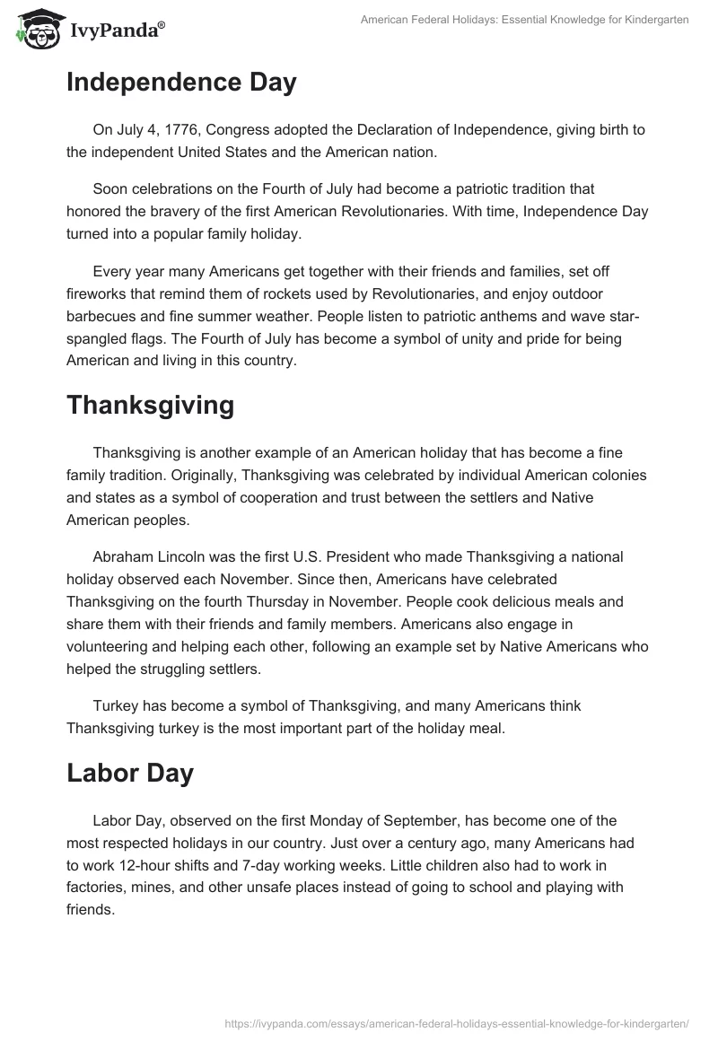 American Federal Holidays: Essential Knowledge for Kindergarten. Page 2