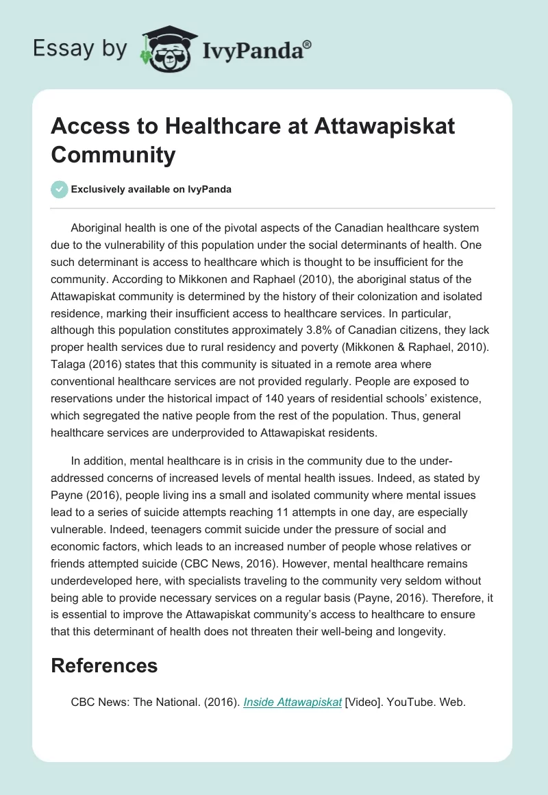 Access to Healthcare at Attawapiskat Community. Page 1