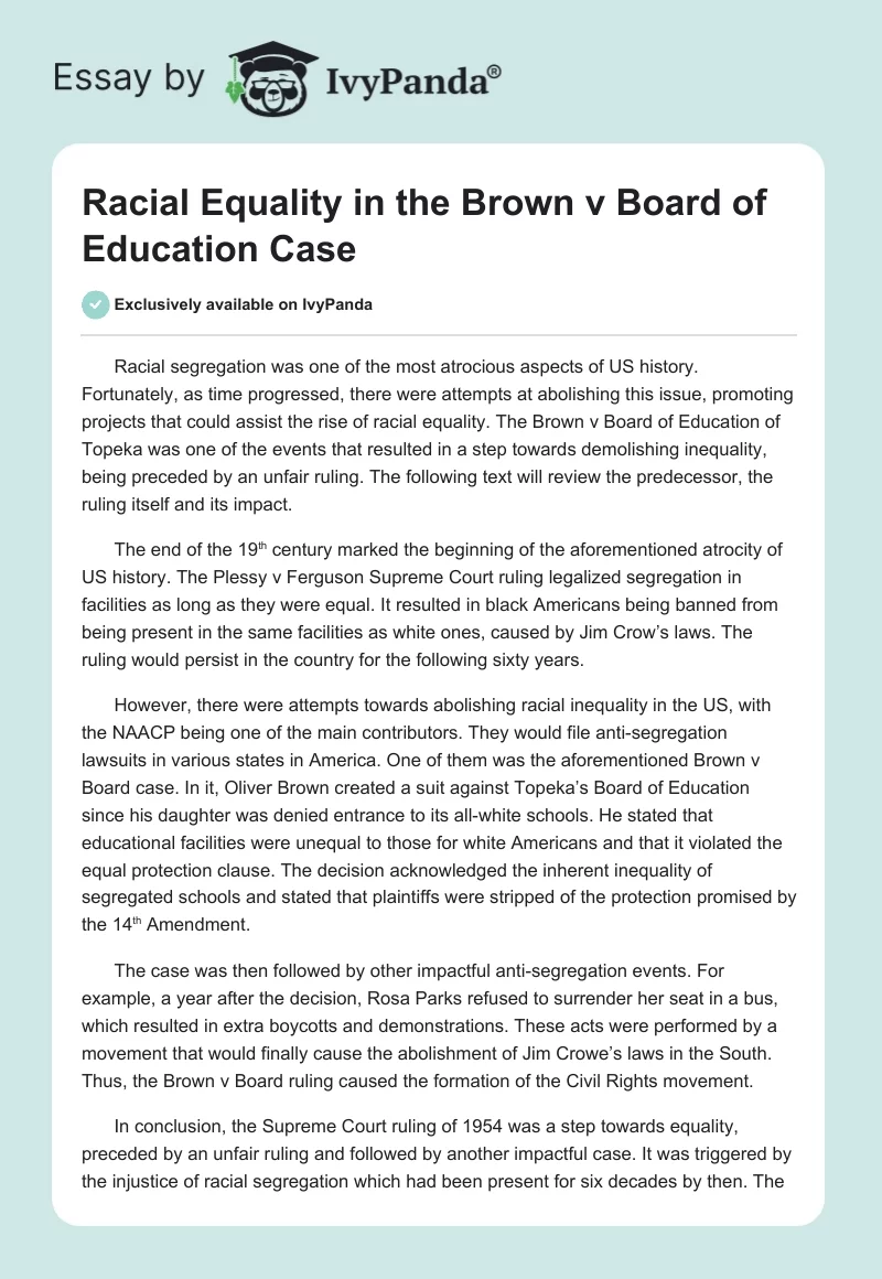Racial Equality in the Brown v Board of Education Case. Page 1