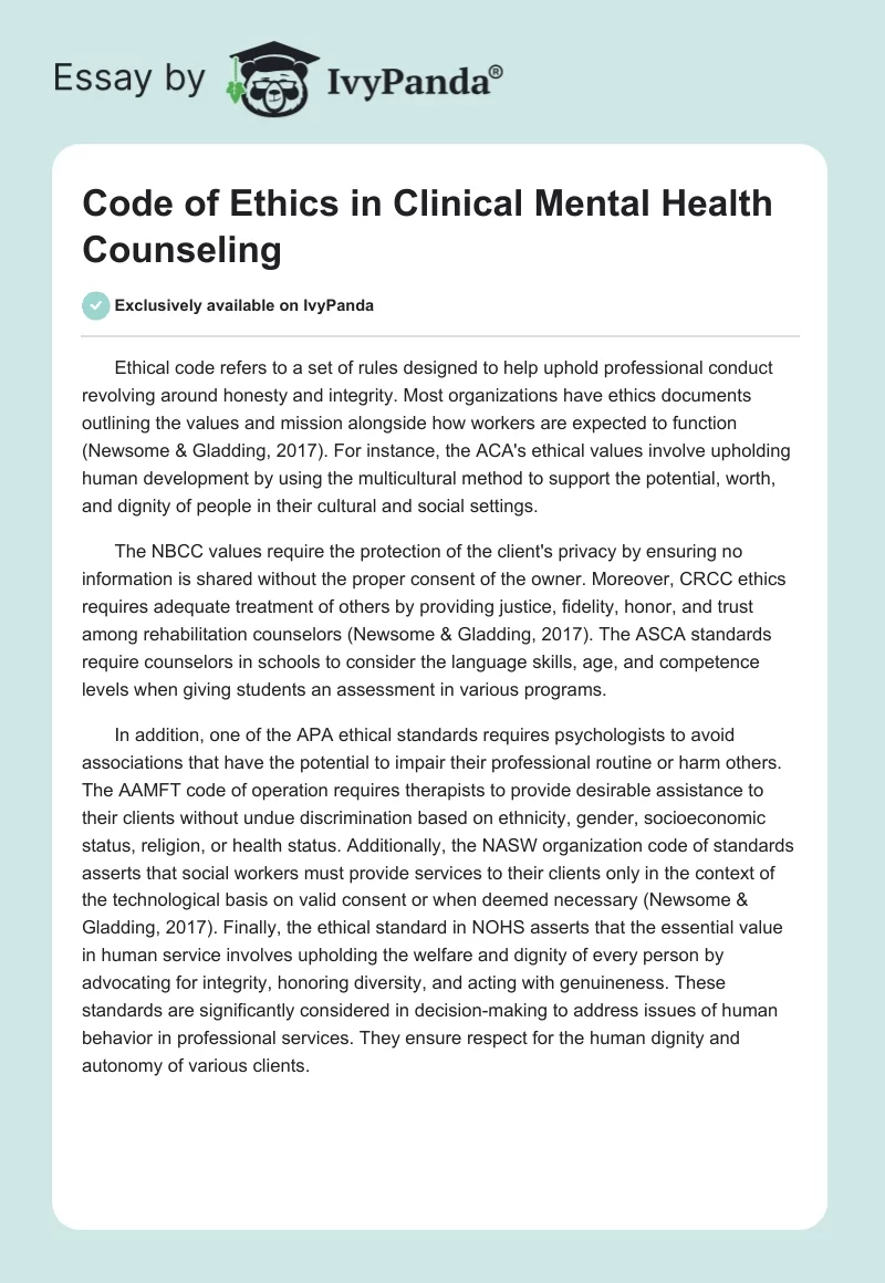 Code of Ethics in Clinical Mental Health Counseling. Page 1