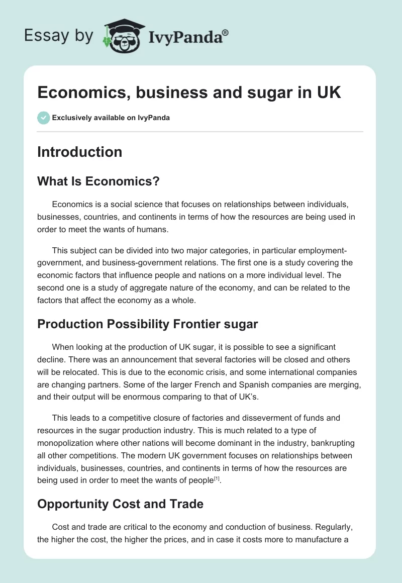 Economics, business and sugar in UK. Page 1