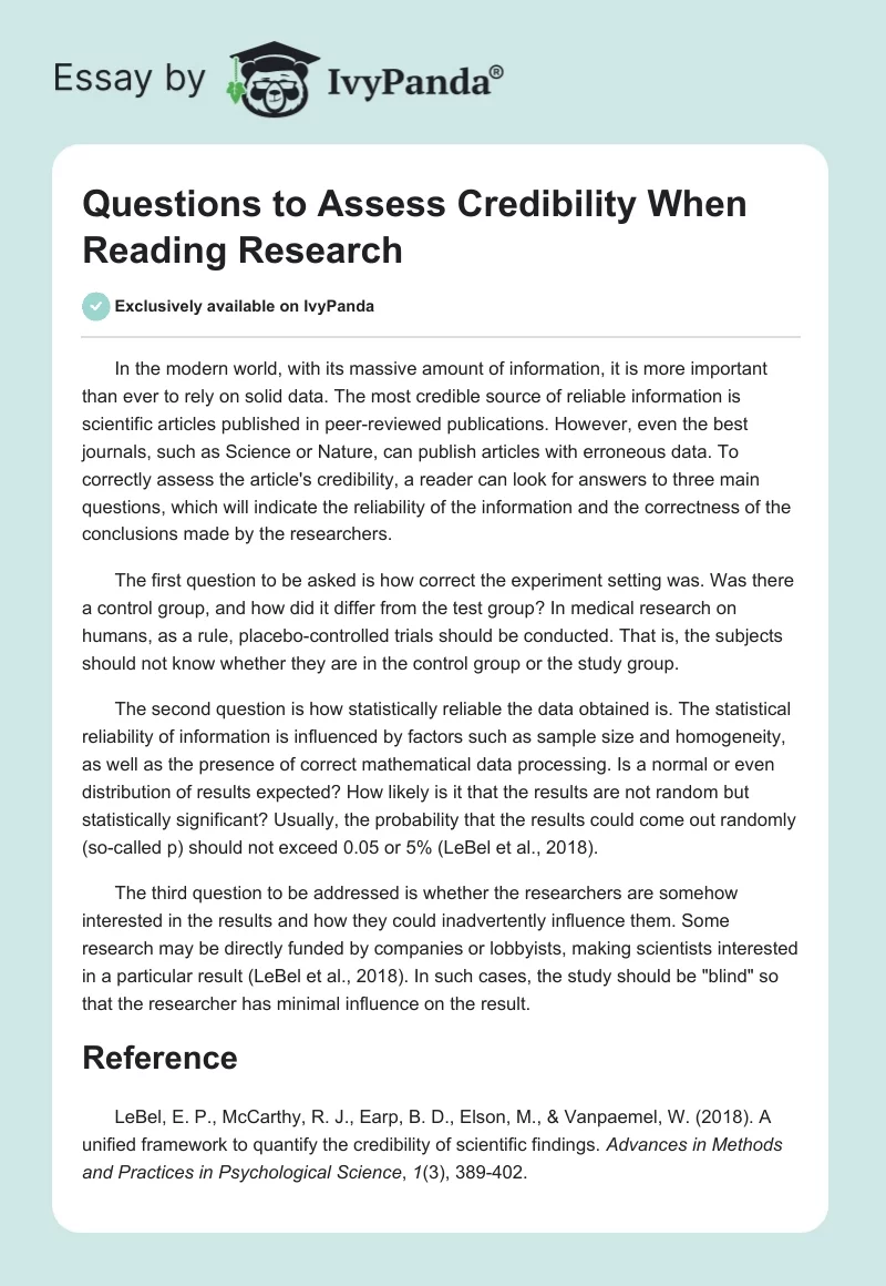 Questions to Assess Credibility When Reading Research. Page 1