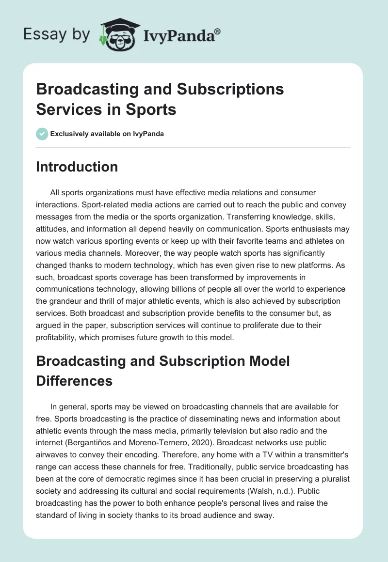 Broadcasting and Subscriptions Services in Sports. Page 1
