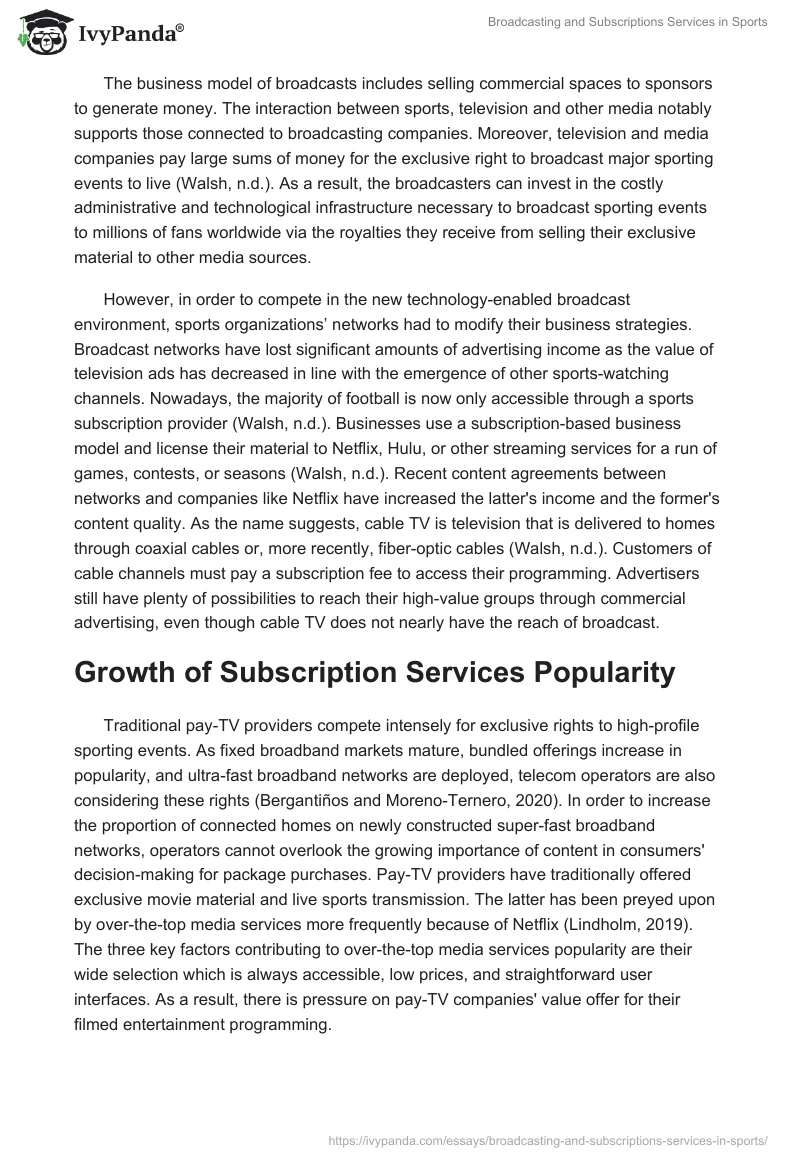 Broadcasting and Subscriptions Services in Sports. Page 2