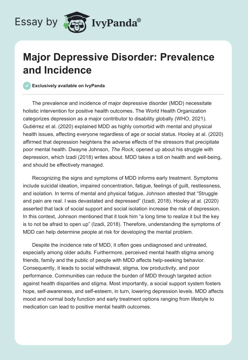 Major Depressive Disorder: Prevalence and Incidence. Page 1