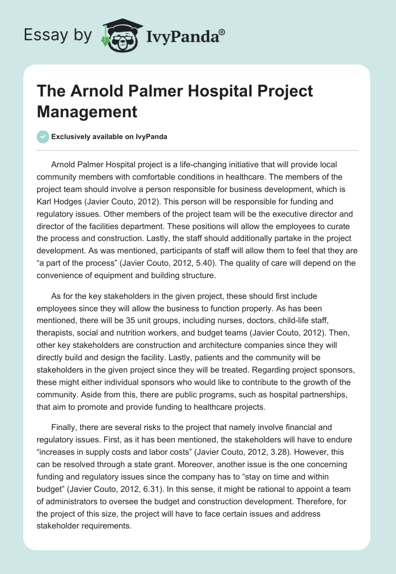 The Arnold Palmer Hospital Project Management. Page 1