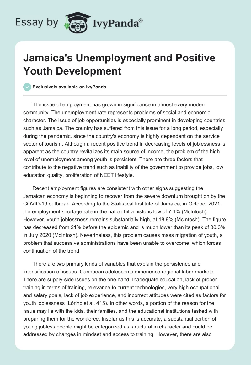 Jamaica's Unemployment and Positive Youth Development. Page 1