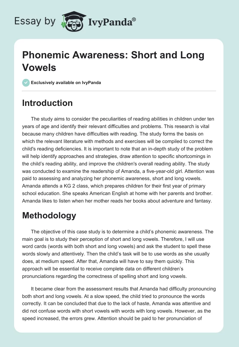 Phonemic Awareness: Short and Long Vowels. Page 1