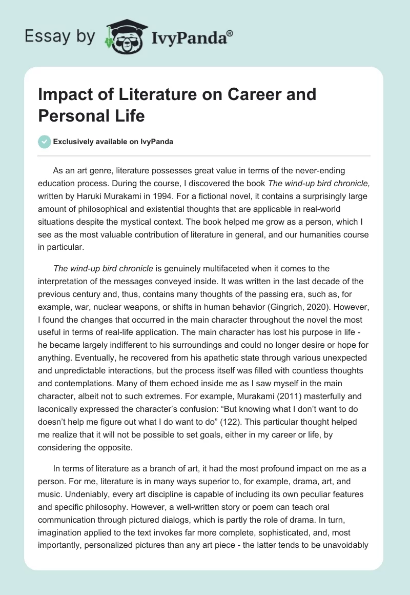 Impact of Literature on Career and Personal Life. Page 1