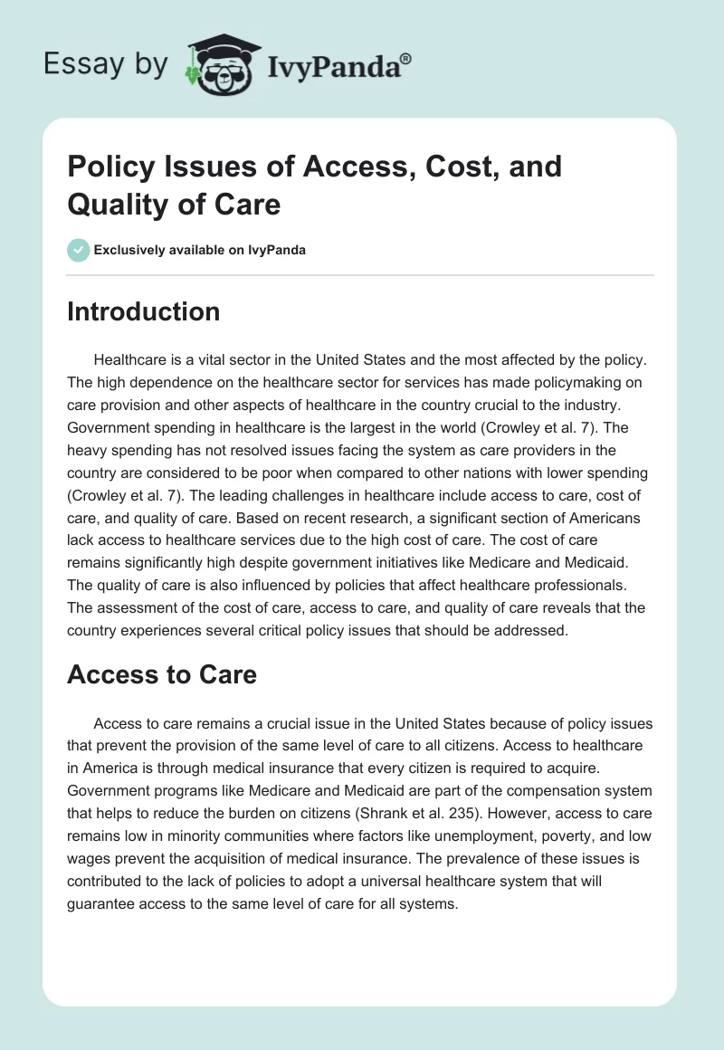 Policy Issues of Access, Cost, and Quality of Care. Page 1