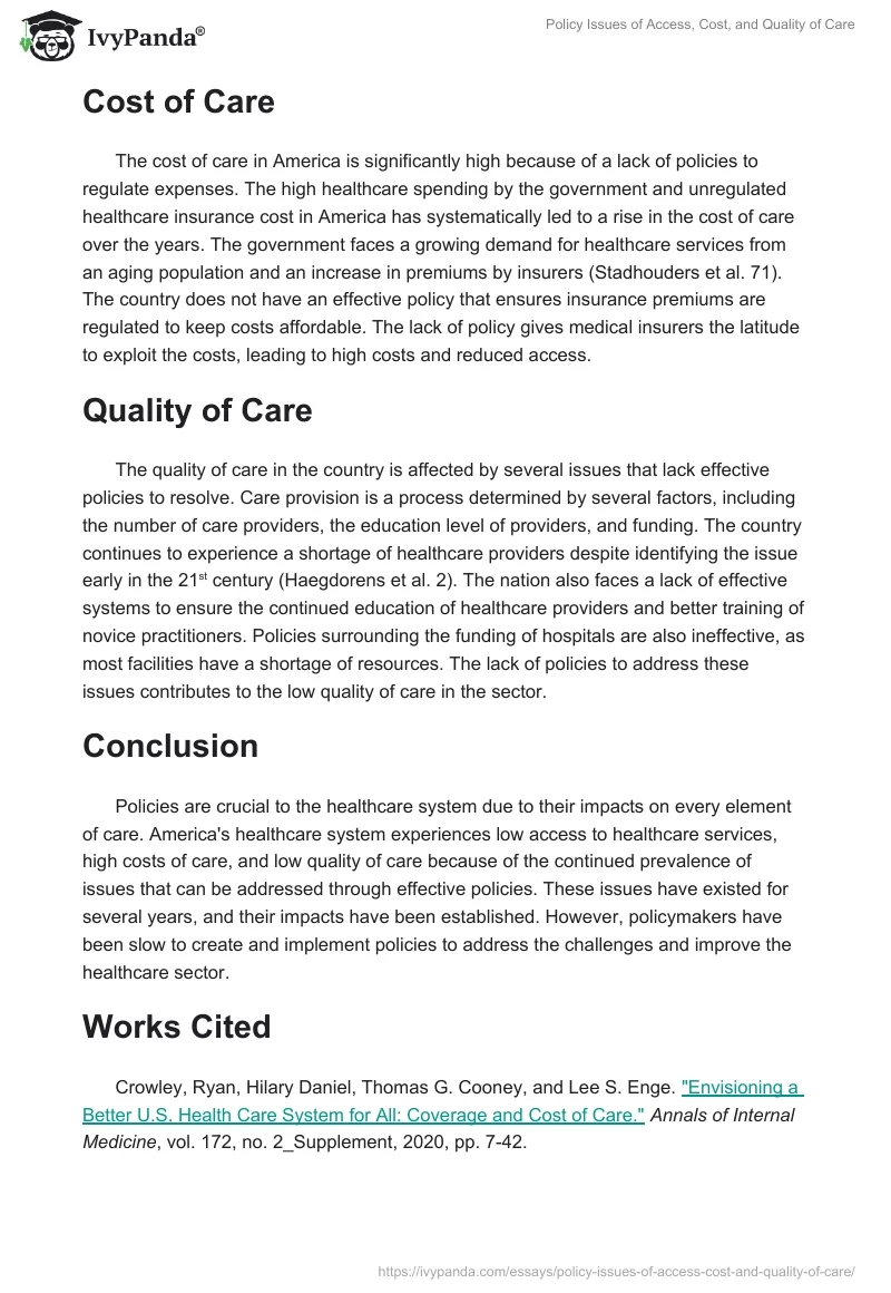 Policy Issues of Access, Cost, and Quality of Care. Page 2