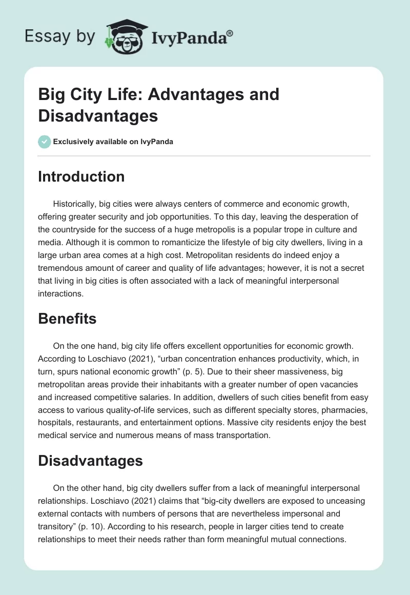 Big City Life: Advantages and Disadvantages. Page 1