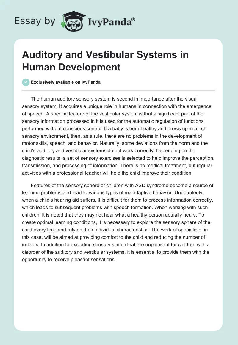 Auditory and Vestibular Systems in Human Development. Page 1