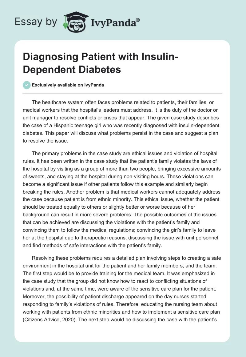 Diagnosing Patient with Insulin-Dependent Diabetes. Page 1