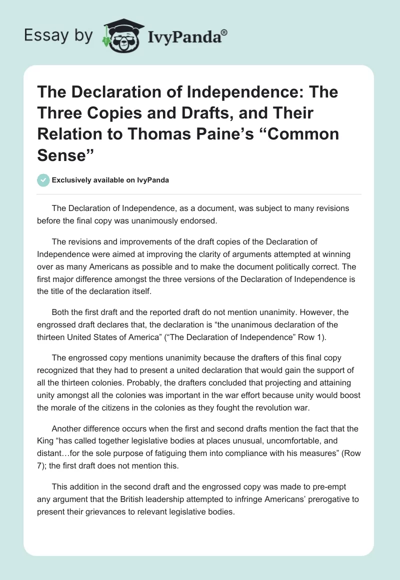 The Declaration of Independence: The Three Copies and Drafts, and Their Relation to Thomas Paine’s “Common Sense”. Page 1
