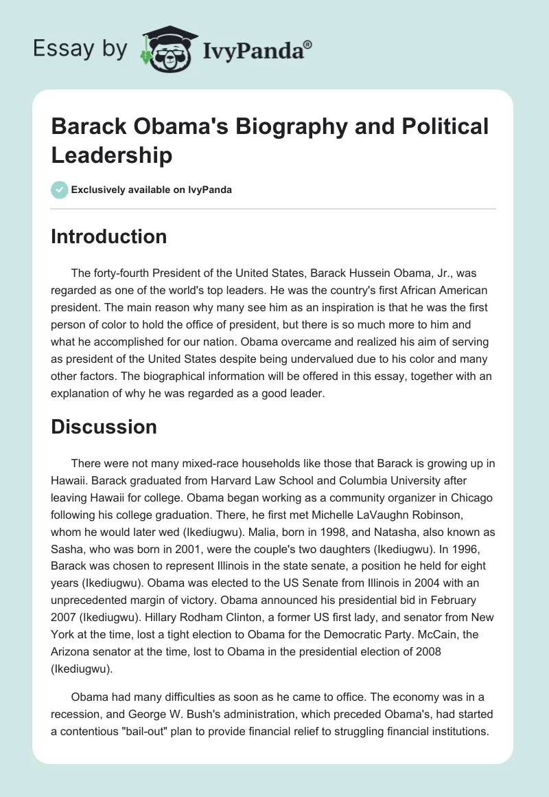 Barack Obama's Biography and Political Leadership. Page 1