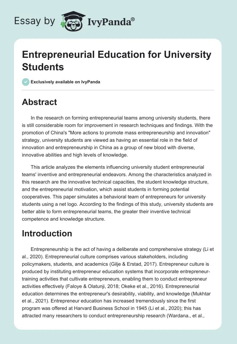 Entrepreneurial Education for University Students. Page 1