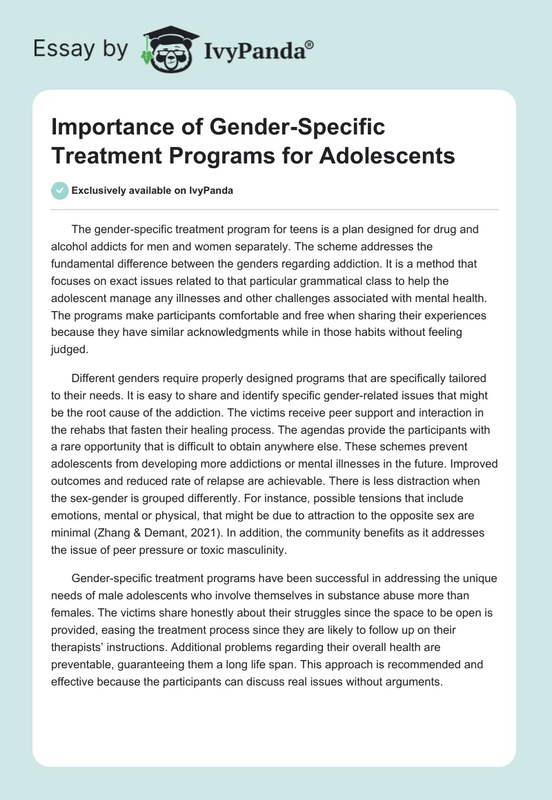 Importance of Gender-Specific Treatment Programs for Adolescents. Page 1