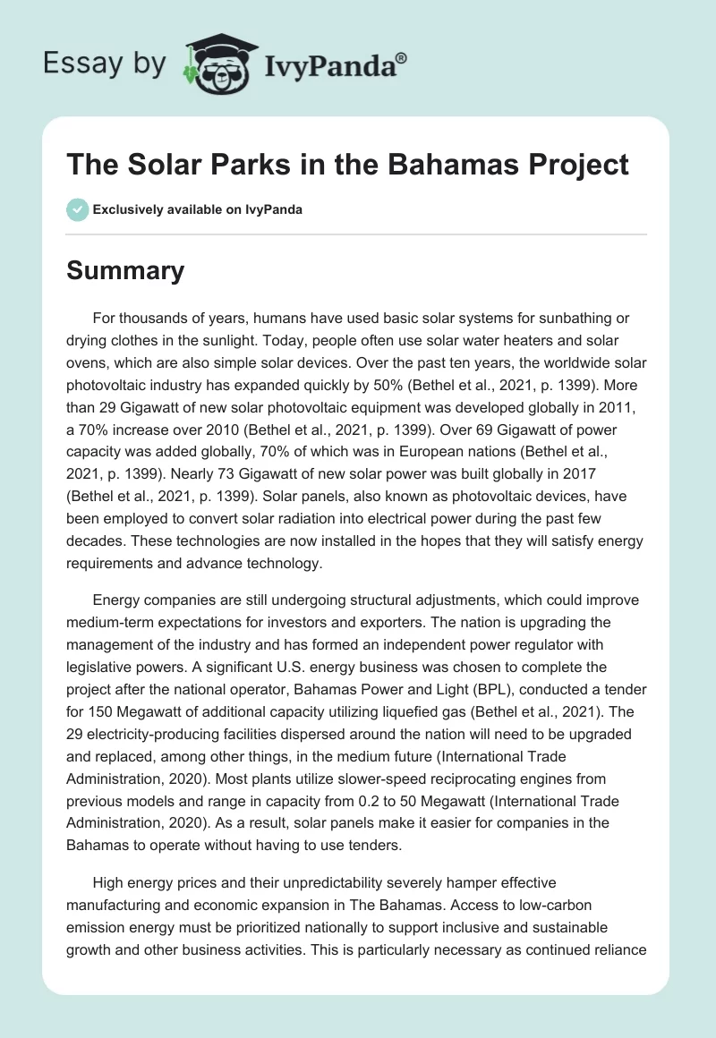The Solar Parks in the Bahamas Project. Page 1